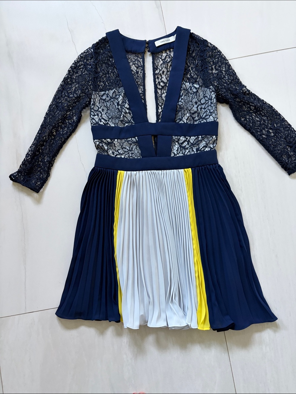 Womens Navy Lace & Pleated Colorblock Dress by Three Floor(Revolve) fits amazing